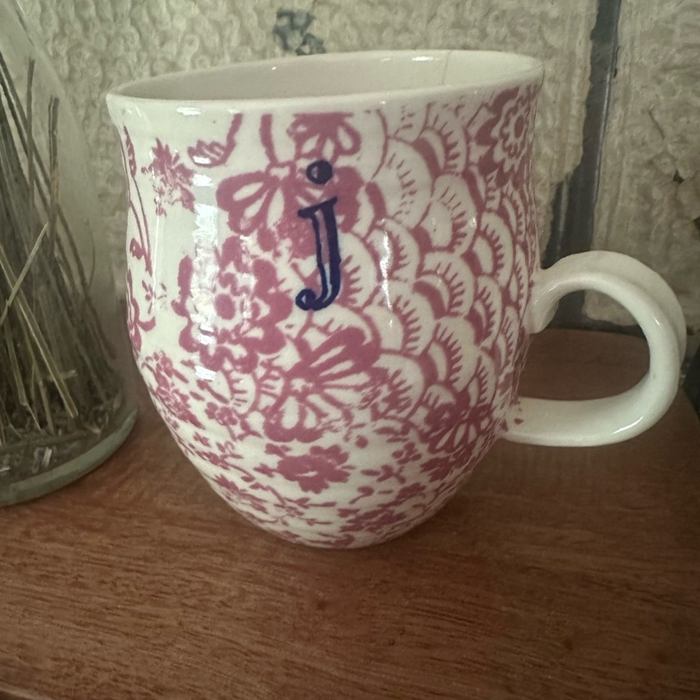 Anthropologie Pink Floral "J" Mug